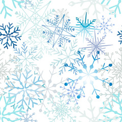 Celebrate freezing snowflakes background. Christmas print fabric wonderful wrapping surface pattern design. Blue snowflakes on light background.