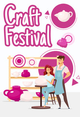 Craft festival poster vector template. Couple in pottery studio. Clayware, ceramics. Brochure, cover, booklet page concept design with flat illustration. Advertising flyer, leaflet, banner layout idea