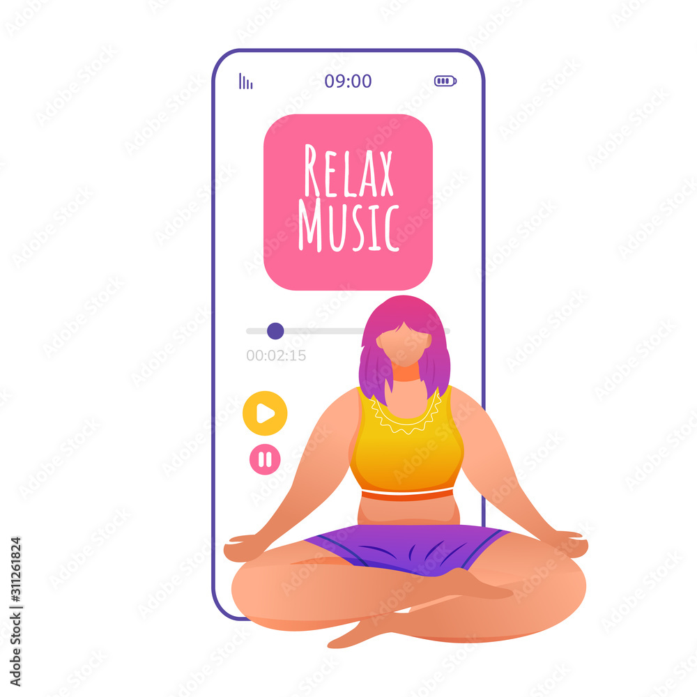 Poster relax music smartphone interface vector template. lotus pose. padmasana. yoga. mobile app page pink 