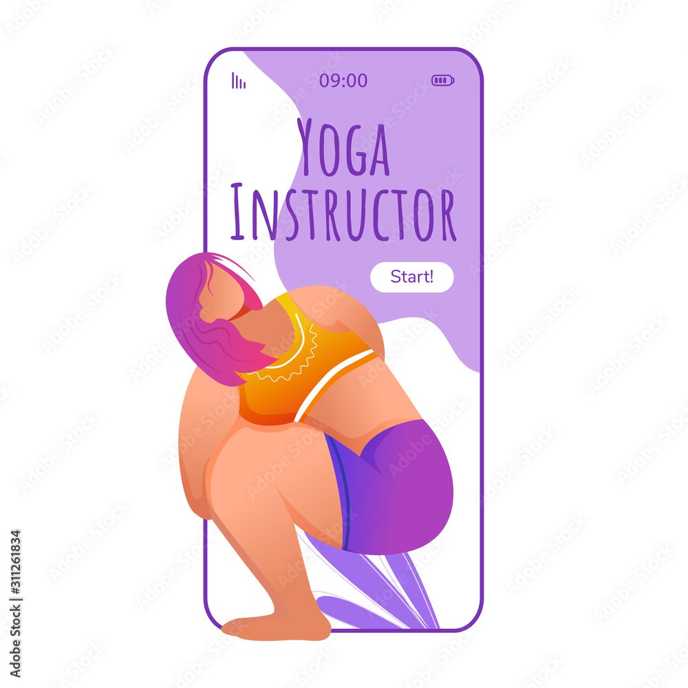 Poster yoga instructor smartphone interface vector template. noose pose. pasasana. trainer. mobile app page