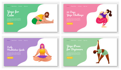 Yoga and meditation poses landing page vector template set. Stretch exercises. Bodypositive website interface idea with flat illustrations. Homepage layout, web banner, webpage cartoon concept