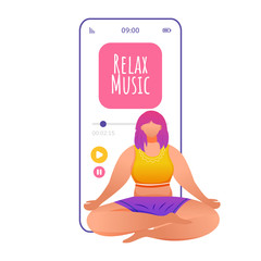 Relax music smartphone interface vector template. Lotus pose. Padmasana. Yoga. Mobile app page pink design layout. Caucausian woman doing yoga on screen. Flat UI for application. Phone display