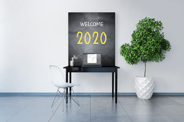 Rendered room with workplace and chalkboard with message "Welcome 2020"