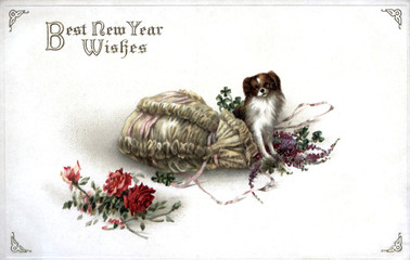 Vintage Postcard, Antique Greeting card, Best New Year WIshes, puppy in basket, copy space, for a message.