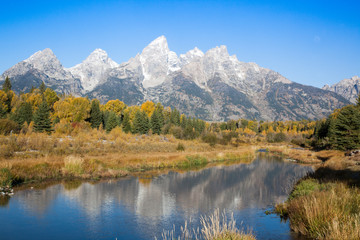 Fototapeta na wymiar Snow Capped mountains reflected in the Snake River