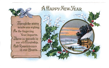Vintage Postcard, Antique Greeting card, Happy New Year with a poem, House with roof covered in snow.