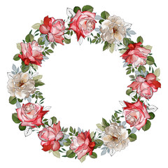 Wreath with red and white flowers rose and green leaves on white background. Place for text. Hand drawn. Round frame for your design, greeting cards, wedding invitations. Vector stock illustration.
