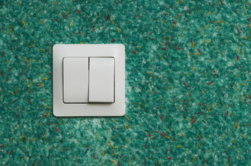 white plastic switch with two buttons on a green wall