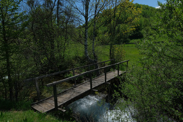 Fototapeta premium Wooden bridge over a mountain stream.