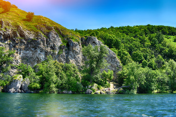 mountains overgrown with forest and river on a summer day, natural landscape