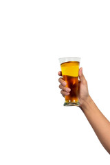 Man hand holding  a glass of beer isolated on white background.