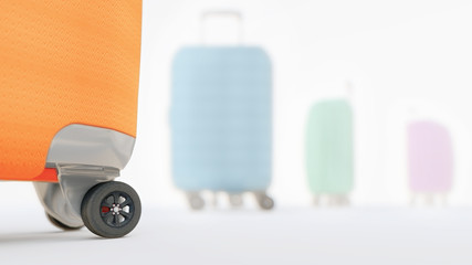 suitcases on wheels with automobile tires of different colors, fragment, 3D render, travel, tourism, road