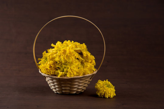 Marigold (Zendu Flowers) flowers in a bamboo basket.