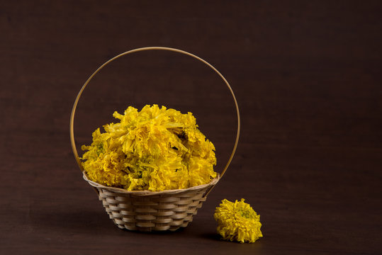 Marigold (Zendu Flowers) flowers in a bamboo basket.