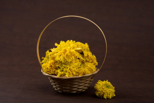 Marigold (Zendu Flowers) flowers in a bamboo basket.