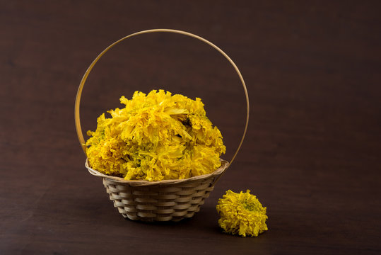Marigold (Zendu Flowers) flowers in a bamboo basket.