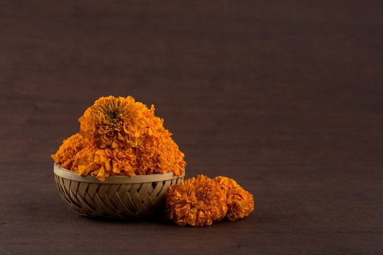 Marigold (Zendu Flowers) flowers in a bamboo basket.