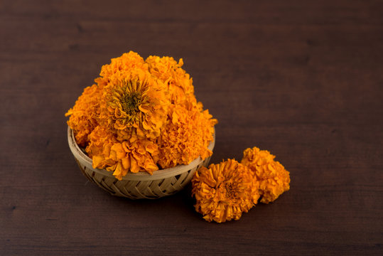 Marigold (Zendu Flowers) flowers in a bamboo basket.