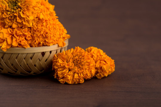 Marigold (Zendu Flowers) flowers in a bamboo basket.