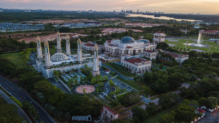 Beautiful aerial landscape during sunrise at The Kota Iskandar Mosque located at Kota Iskandar, Iskandar Puteri, Johor State  Malaysia early in the morning