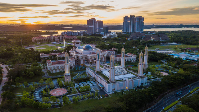 Beautiful aerial landscape during sunrise at The Kota Iskandar Mosque located at Kota Iskandar, Iskandar Puteri, Johor State  Malaysia early in the morning