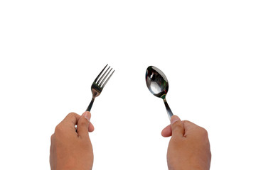 Hands holding fork and spoon Stainless steel  isolated on white background.