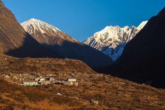 Small Village Settlement in the Langtang Valley, with Towering Snow-Capped Himalayan Mountains (near Tserko Ri or Langtang Lirung) Langtang National Park,Nepal