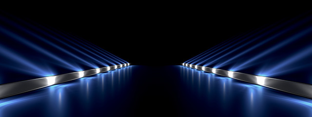 Lamps along an empty smooth track , beautiful reflections on sloping walls. 3d rendering image.