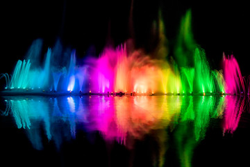 The colorful water fountain dancing in celebration festival refection color on water with dark night sky background - obrazy, fototapety, plakaty