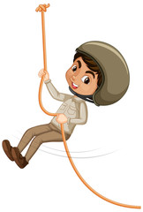 Boy climbing rope on white background