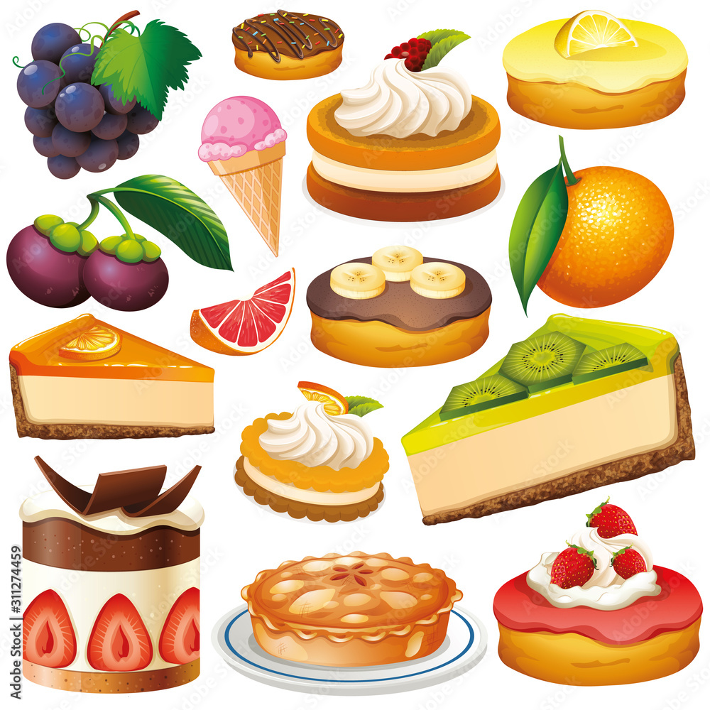 Sticker set of isolated fruits and desserts