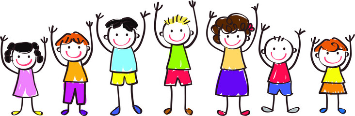 group of smiling children raising their hands