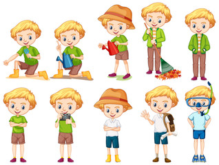 Boy doing different activities on isolated background