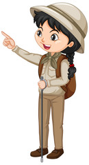 Girl in brown clothes with backpack on white background
