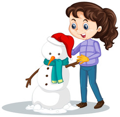 Girl making snowman on isolated background