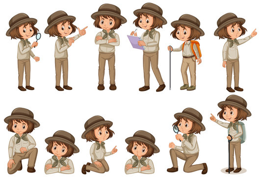 Set of girl in safari outfit doing different poses