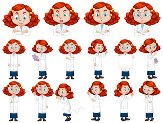 Set of red hair girl in science gown