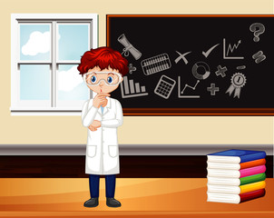 Classroom scene with science teacher standing by the board