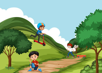 Obraz na płótnie Canvas Scene with three boys playing in the park