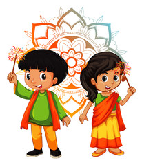 Indian boy and girl with mandala pattern in background