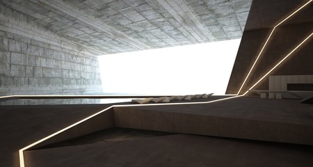 Abstract architectural concrete interior of a minimalist house with swimming pool and neon lighting. 3D illustration and rendering.