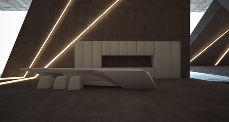 Abstract architectural concrete interior of a minimalist house with swimming pool and neon lighting. 3D illustration and rendering.
