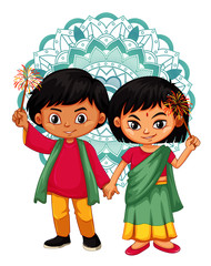 Indian boy and girl with mandala pattern in background