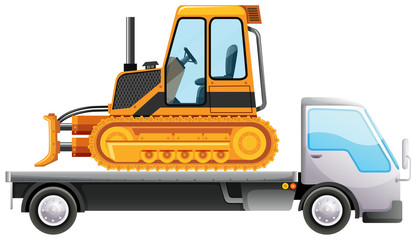 Bulldozer on flatbed truck on isolated background