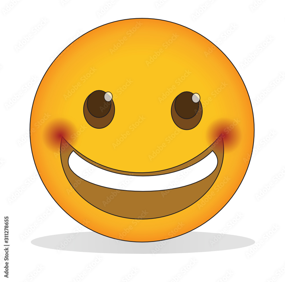 Wall mural blushing smiling emoji. flushed happy face emoticon is a yellow face with wide smile showing upper t