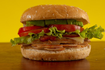Front view smoked turkey hamburger whit yellow background. fast food marketing concept.