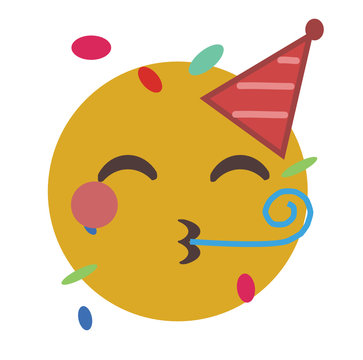 Party emoji celebrating birthday in a red hat and confetti flying around! A yellow face with a  red party hat, kissing lips or whistling as confetti floats around its head.