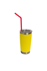 Thermos mug with straw isolated on white background