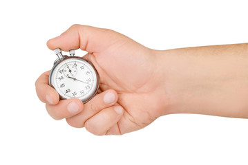 Hand hold mechanical analog stopwatch isolated on white