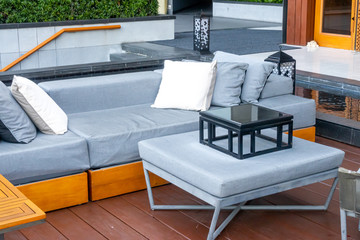 pillows with outdoor patio deck and sofa